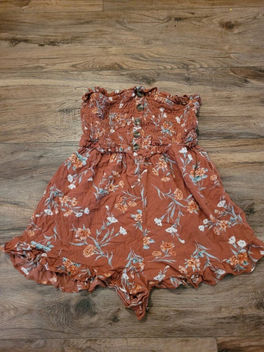 American Eagle Rust Orange Floral Romper Strapless Cottagecore Bohemian Size M